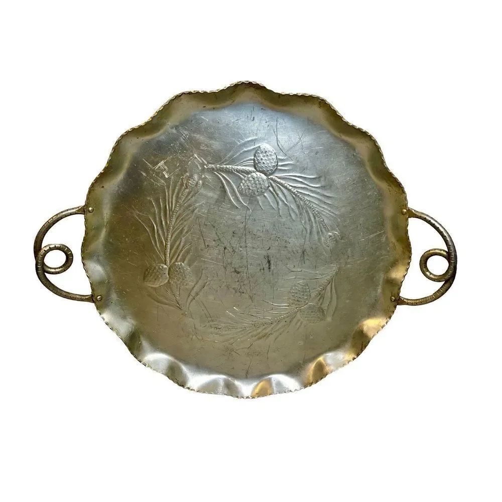 Vintage Round Scalloped Aluminum Serving Tray W Gorgeous Pine Cone Limb Motif